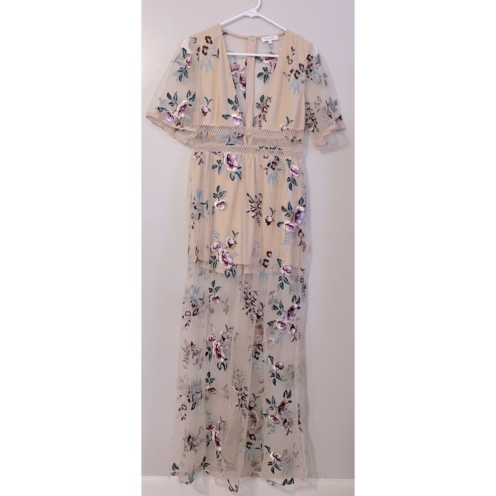 Honey Belle nude romper, shorts w/sheer overlay, floral/flower embroidery design
